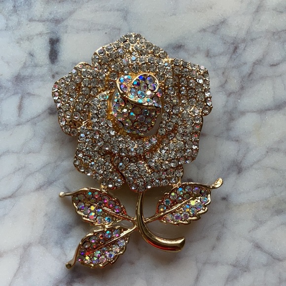 NWT Large Rose Brooch Pin White Rhinestones 3” - Picture 3 of 6